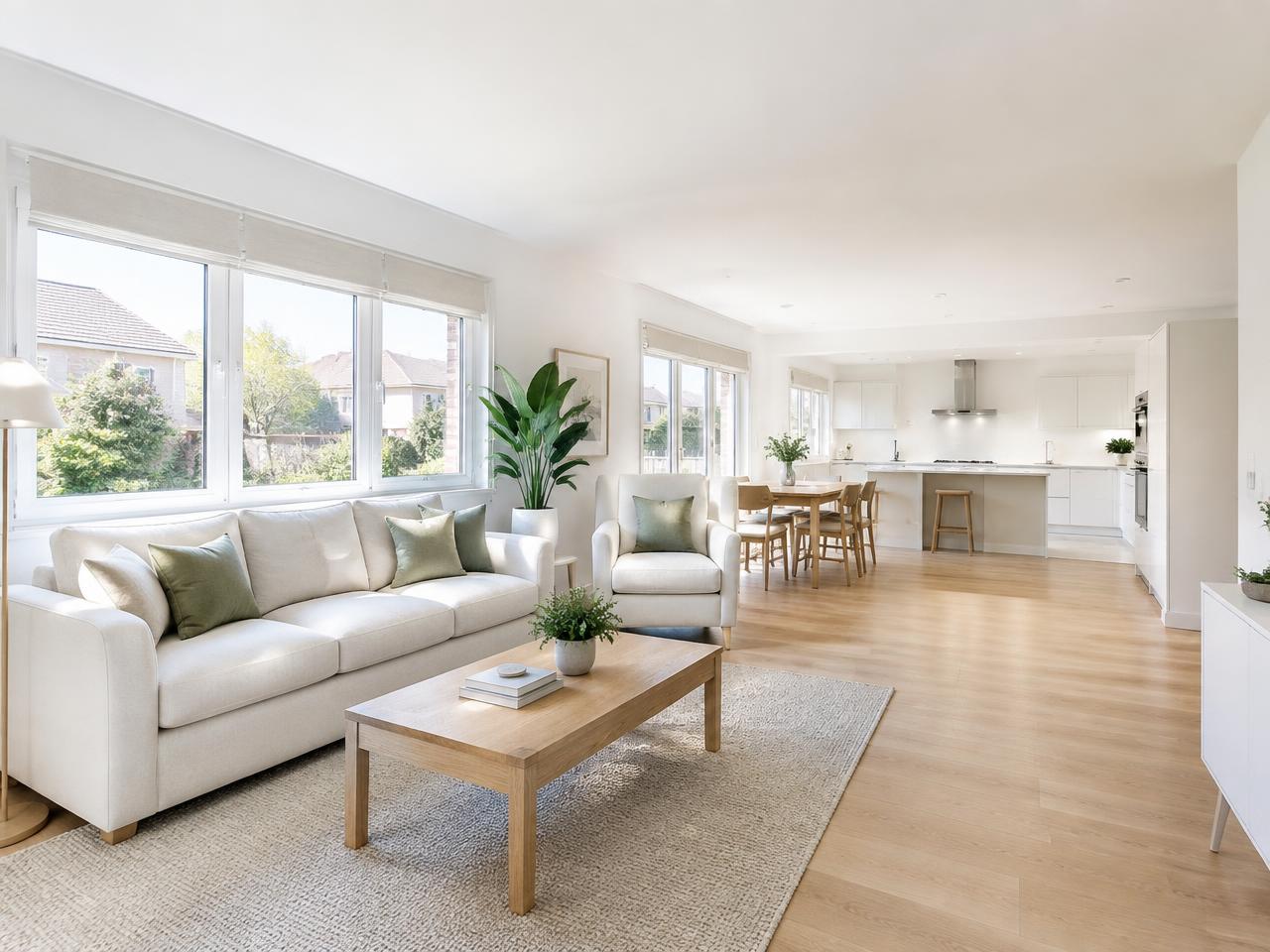 Bright, freshly cleaned open-plan living room and kitchen with light wooden floors